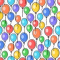 Seamless background with multicolored balloons in children`s flat style with black outline Royalty Free Stock Photo