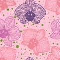 Seamless background. Orchid flowers on pink background. Vector image in contours. Silhouette colors