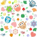 Seamless background with owls, leaves and flowers