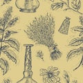 Seamless background with patchouli and perfume bottles