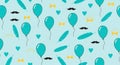 Seamless background pattern with balloons and moustaches on light blue Royalty Free Stock Photo