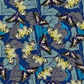 Seamless background with a pattern of butterflies. Aglais io, Parnassius apollo, Acherontia atropos, Papilio machaon