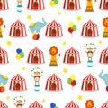 Seamless background, pattern, cartoon cute elephant, lion and monkey with circus tent.