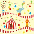 Seamless background, pattern, cartoon cute elephant, lion and monkey with circus tent.