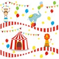 Seamless background, pattern, cartoon cute elephant, lion and monkey with circus tent.