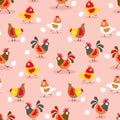 Seamless background pattern with chickens, roosters and eggs