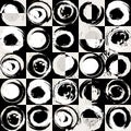 Seamless background pattern, with circles, squares, splashes and paint strokes, black and white Royalty Free Stock Photo