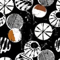 Seamless background pattern, with circles, stripes, paint strokes and splashes, on black Royalty Free Stock Photo