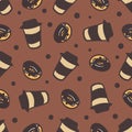 Seamless background with a pattern of a cups of coffee and delicious donuts. Coffee Attributes Color Hand Drawn Seamless