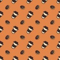 Seamless background with a pattern of a cups of coffee and delicious donuts. Coffee Attributes Color Hand Drawn Seamless