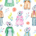 Watercolor seamless pattern with family of mice