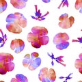 A seamless background pattern with flowers and buds in pink, red and violet colors. Abstract repeat floral vivid print