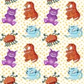 A seamless background pattern of happy, floating, cartoon, vector aliens