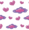 Seamless background with hearts clouds on a white background pink and purple Royalty Free Stock Photo