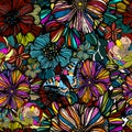 Seamless background pattern illustration. Graphic beautiful different flowers. Vector illustration. Hand drawn. Royalty Free Stock Photo