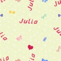 Seamless background pattern name Julia of the newborn. Name baby Julia. Seamless name Julia. Julia vector.