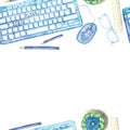 Seamless background pattern of objects painted watercolor office equipment