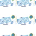 Seamless background pattern of objects painted watercolor office equipment