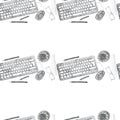 Seamless background pattern of objects painted watercolor office equipment