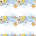 Seamless background pattern of objects painted watercolor office equipment