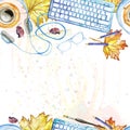 Seamless background pattern of objects painted watercolor office equipment