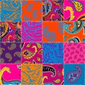 Patchwork pattern with Paisley ornament patterns. Bright magenta and orange colors.