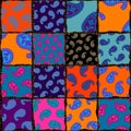 Patchwork pattern with Paisley ornament patterns. Bright magenta and orange colors.