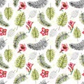 Watercolor seamless background pattern with flowers and palm bra Royalty Free Stock Photo