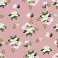 Seamless background pattern.Roses and little flowers with leaves. Watercolor, hand drawn. on pink background Vector illustration Royalty Free Stock Photo