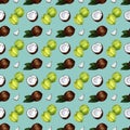 Seamless background with a pattern of sliced coconut and green fruit