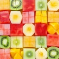 Seamless background pattern and texture of colourful fresh diced tropical fruit cubes arranged in a geometric pattern with melon Royalty Free Stock Photo