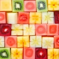 Seamless background pattern and texture of colourful fresh diced tropical fruit cubes arranged in a geometric pattern with melon Royalty Free Stock Photo