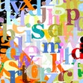 Seamless background pattern, with tiangles, letter, alphabetic character, paint strokes and splashes