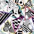 Abstract geometric background pattern, with triangles, lines, paint strokes and splashes, black and white