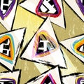 Seamless background pattern, with triangles, squares, paint strokes and splashes, retro style