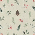 Watercolor background pattern with vintage flowers and twigs Royalty Free Stock Photo