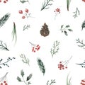 Watercolor background pattern with vintage flowers and twigs Royalty Free Stock Photo