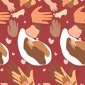 Seamless background with patterns of spots on a colored background. Contours of mom, dad and baby. Family, parents, love