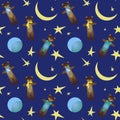 Seamless background with a picture of a rag-teddy bear with a moon and stars on a dark blue sleeping background Royalty Free Stock Photo