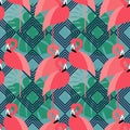 Seamless background. Pink Flamingo on a tropical background. Royalty Free Stock Photo