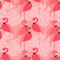 Seamless background. Pink Flamingo on a tropical background. Royalty Free Stock Photo