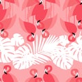 Seamless background. Pink Flamingo on a tropical background. Royalty Free Stock Photo