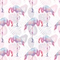 Seamless background of pink flamingos with leaves and flowers and fruits Royalty Free Stock Photo