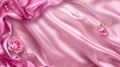 A seamless background with pink silk fabric and rose buds. A glossy satin fabric with waves and drapery. A realistic Royalty Free Stock Photo