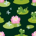 Pattern of funny frogs on a flowering pond