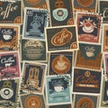 Seamless background with postage stamps on coffee theme Royalty Free Stock Photo