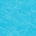 Seamless background. Primitive fish on hand-drawn blue geometric ornament with straight lines. Silhouettes of fish in