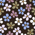 Seamless background with primitive floral pattern. Simple minimalistic cute flowers in different colors and sizes. Dark background