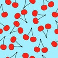 Seamless background of red cherries on blue background.