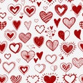 Seamless background with red doodle sketch hearts on white background